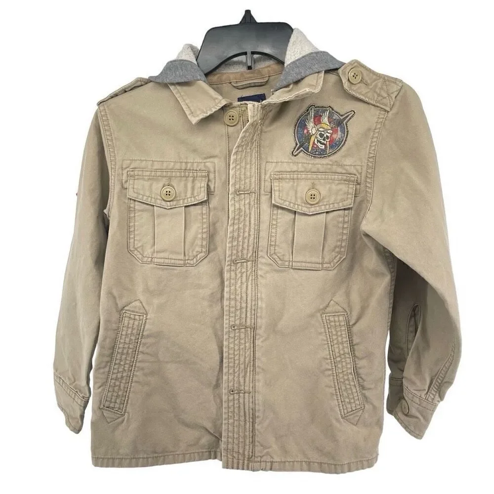 GAP Kids Boy’s Khaki Beige Embroidered Utility Cotton Full Zip Hooded Jacket 8